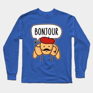 Bonjour Kawaii Croissant with a Mustache and Beret Hat Long Sleeve T-Shirt